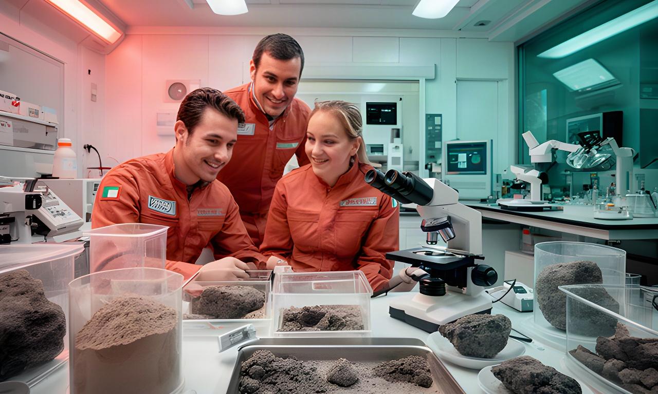 Tecnici italiani che analizzano campioni di regolite in un laboratorio spaziale illuminato