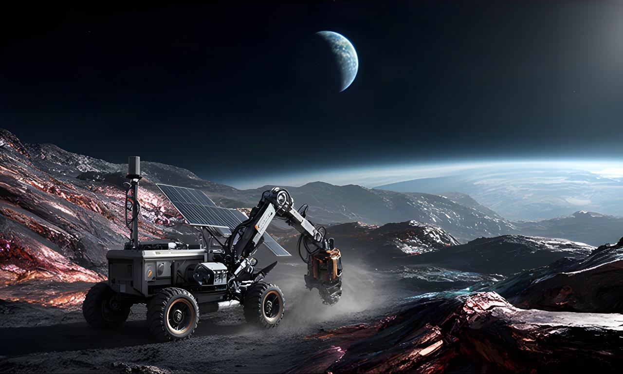 Veicolo minerario autonomo su un asteroide metallico illuminato dalla luce terrestre