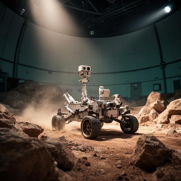 Rover in una camera di simulazione che attraversa un terreno roccioso