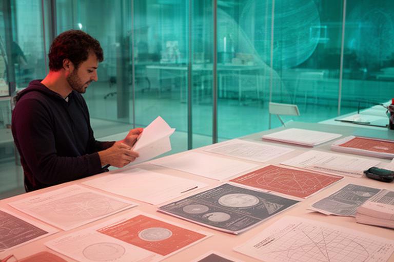 Ricercatore davanti a un tavolo con documenti ordinati e dati di osservazione planetaria