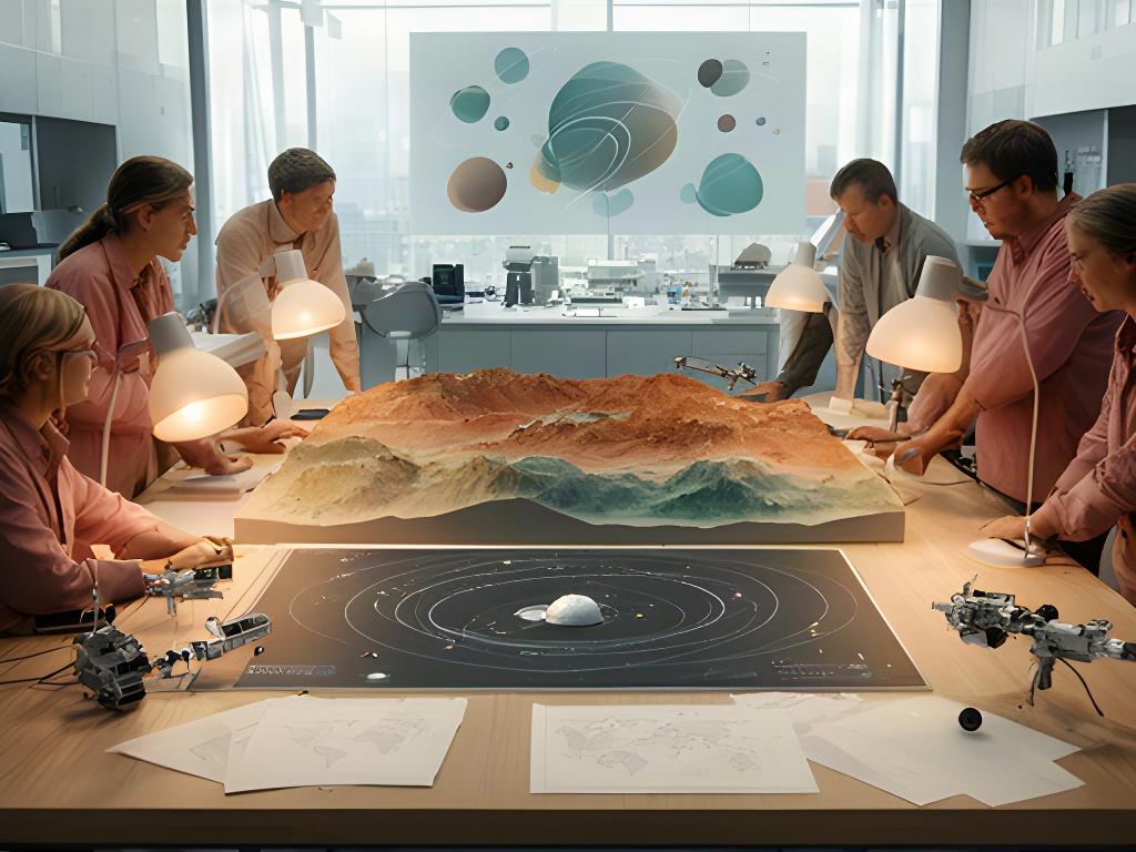 Team di ingegneri in Italia che esamina una mappa di missione su un grande tavolo