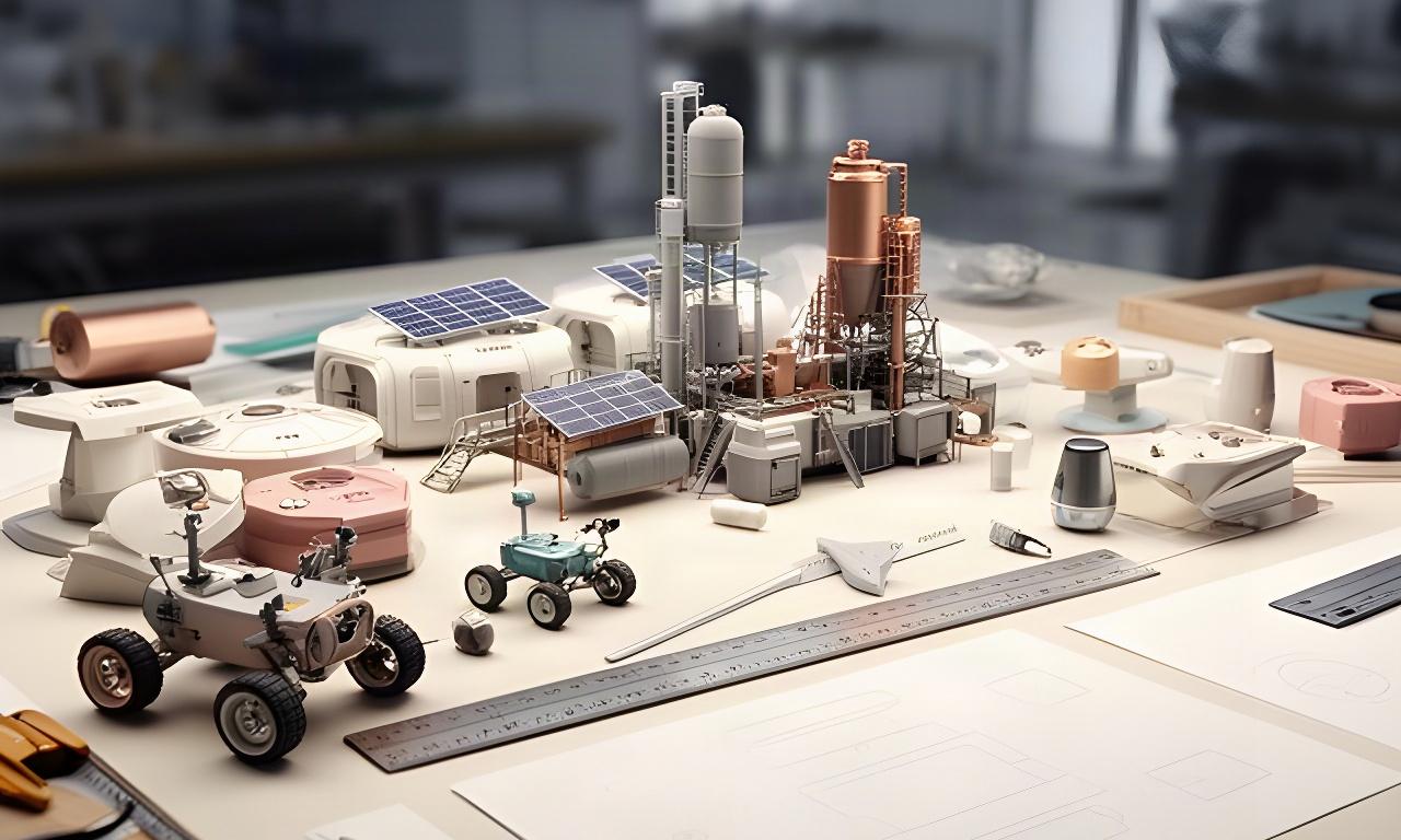 Modello di impianto lunare accanto a strumenti di progettazione tecnica