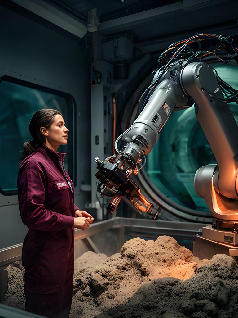 Ingegnera che controlla un braccio robotico durante un test di estrazione in camera simulata
