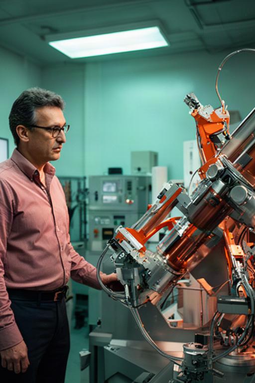 Gialloreto Manssouri, responsabile tecnologico, accanto a un prototipo di estrattore spaziale