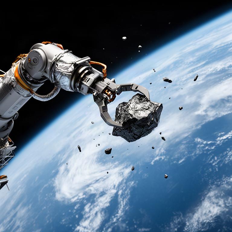 Braccio robotico che cattura un frammento di detrito in orbita