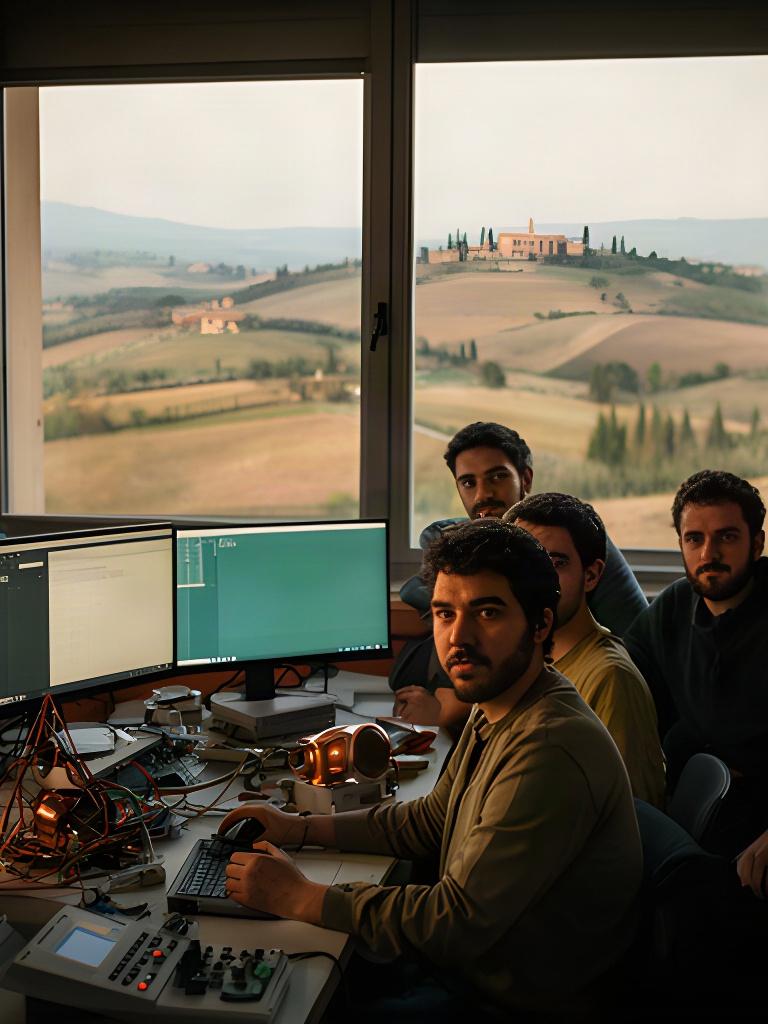 Ricercatori italiani di G&R Risorse al lavoro in una sala tecnica con vista sulle colline toscane
