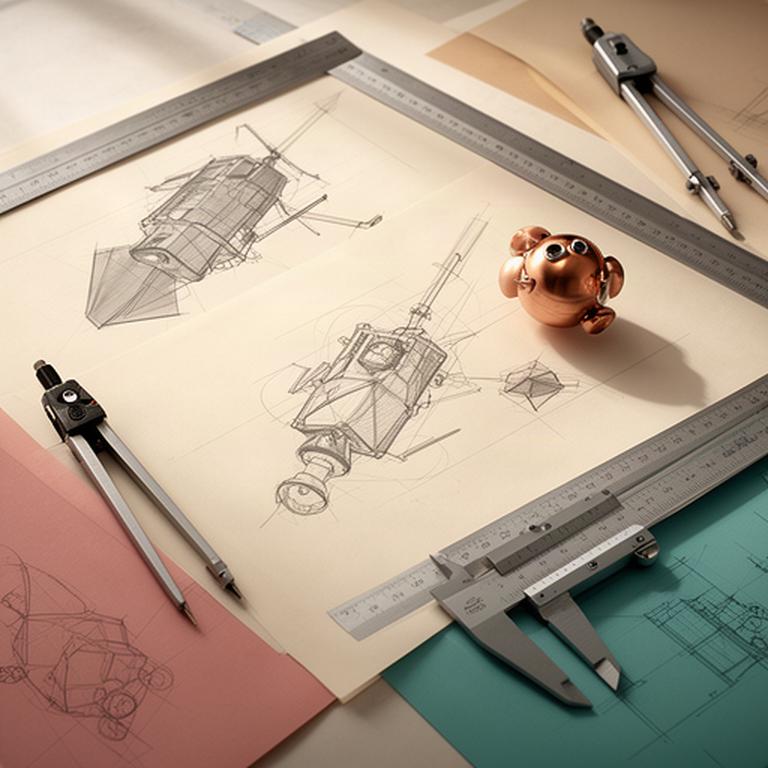 Disegni tecnici di una sonda e di un sistema di raccolta materiali nello spazio
