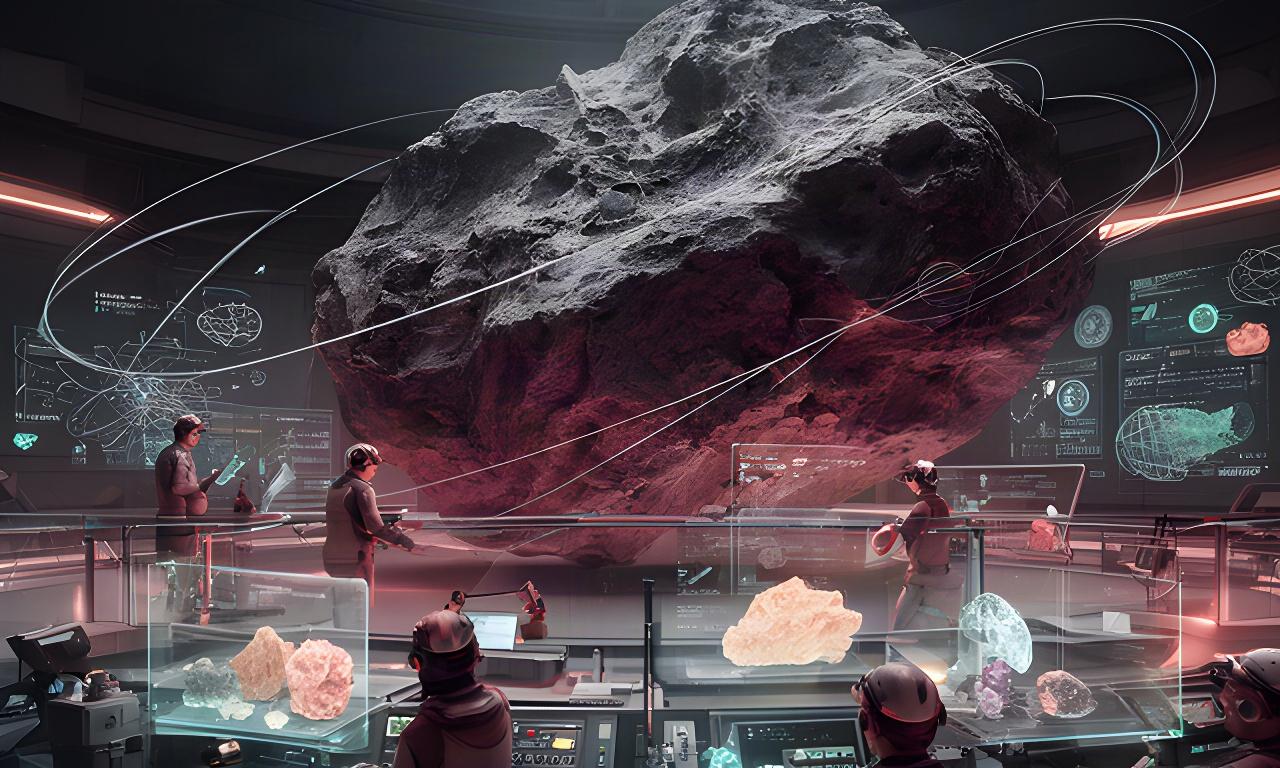 Tecnici che analizzano un asteroide in una sala operativa con dati di estrazione mineraria