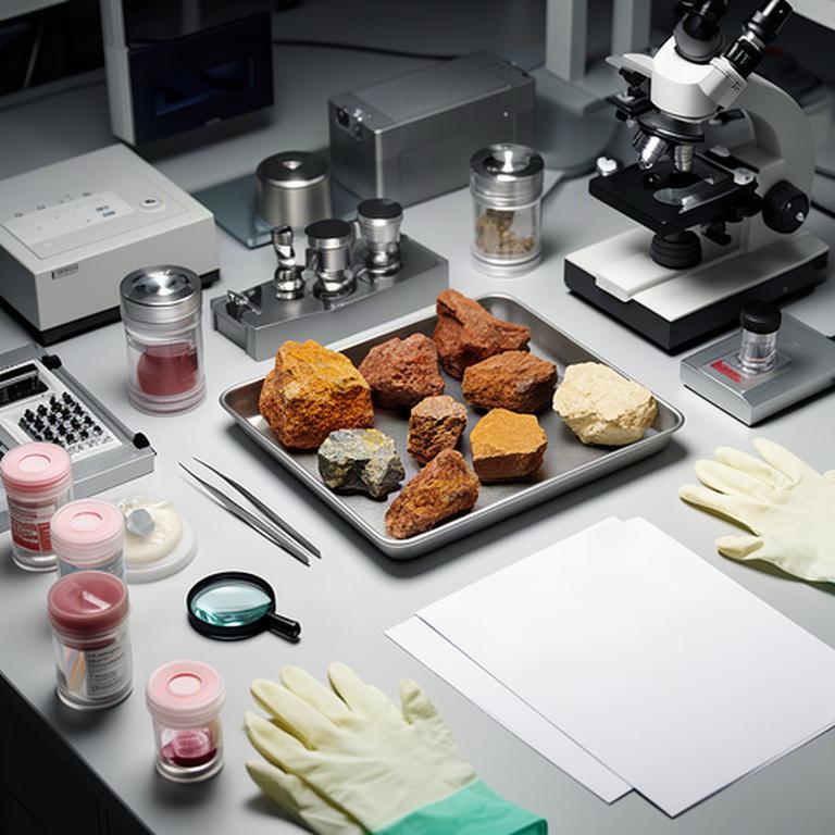 Campioni minerali e strumenti di analisi in un laboratorio per materiali spaziali