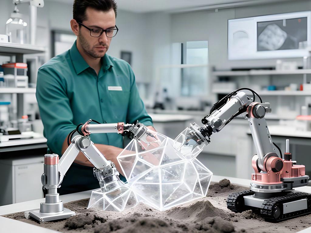 Tecnica al lavoro davanti a un modello di estrazione mineraria lunare in un laboratorio ordinato