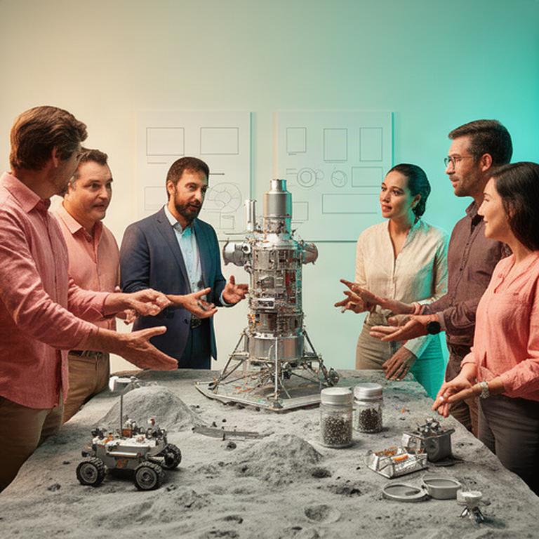 Professionisti che coordinano partner industriali attorno a un modello di missione spaziale