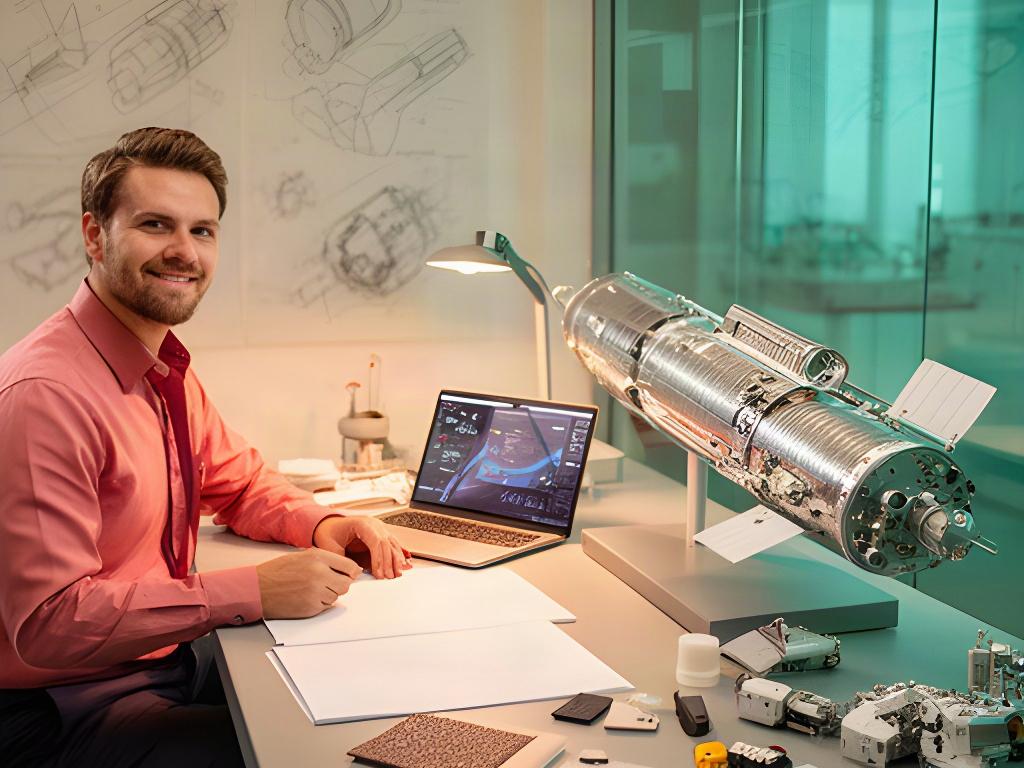 Ingegnera che prepara una proposta tecnico-economica davanti a un modello di veicolo spaziale