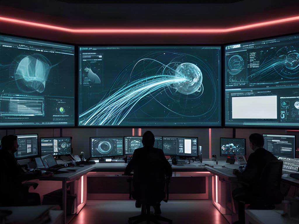 Schermi di monitoraggio con traiettorie e parametri di una missione spaziale