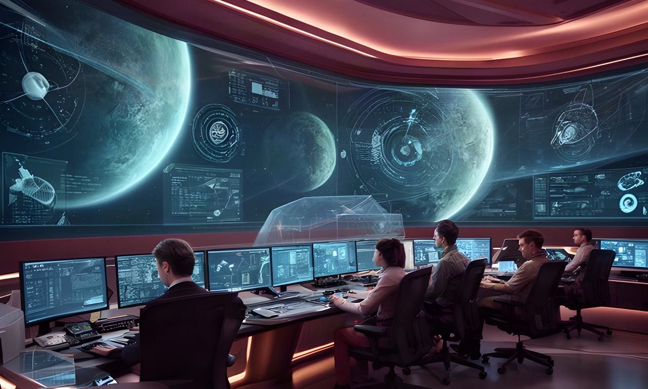 Centro di controllo spaziale con operatori davanti a mappe orbitali e dati di missione