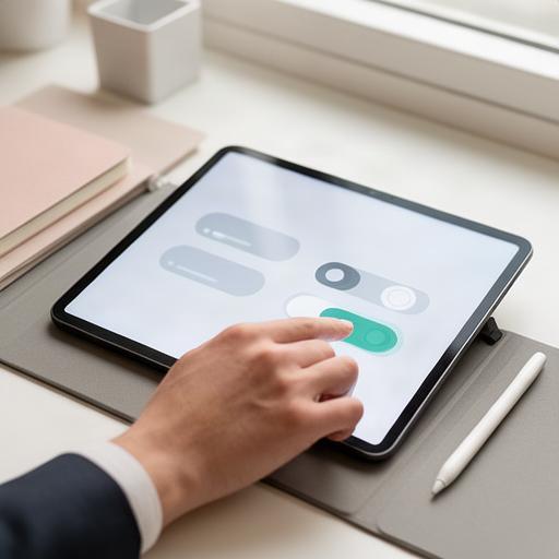 Mano che seleziona un'impostazione di consenso su un tablet da lavoro