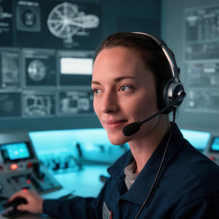 Operatrice che coordina comunicazioni di missione in una sala tecnica