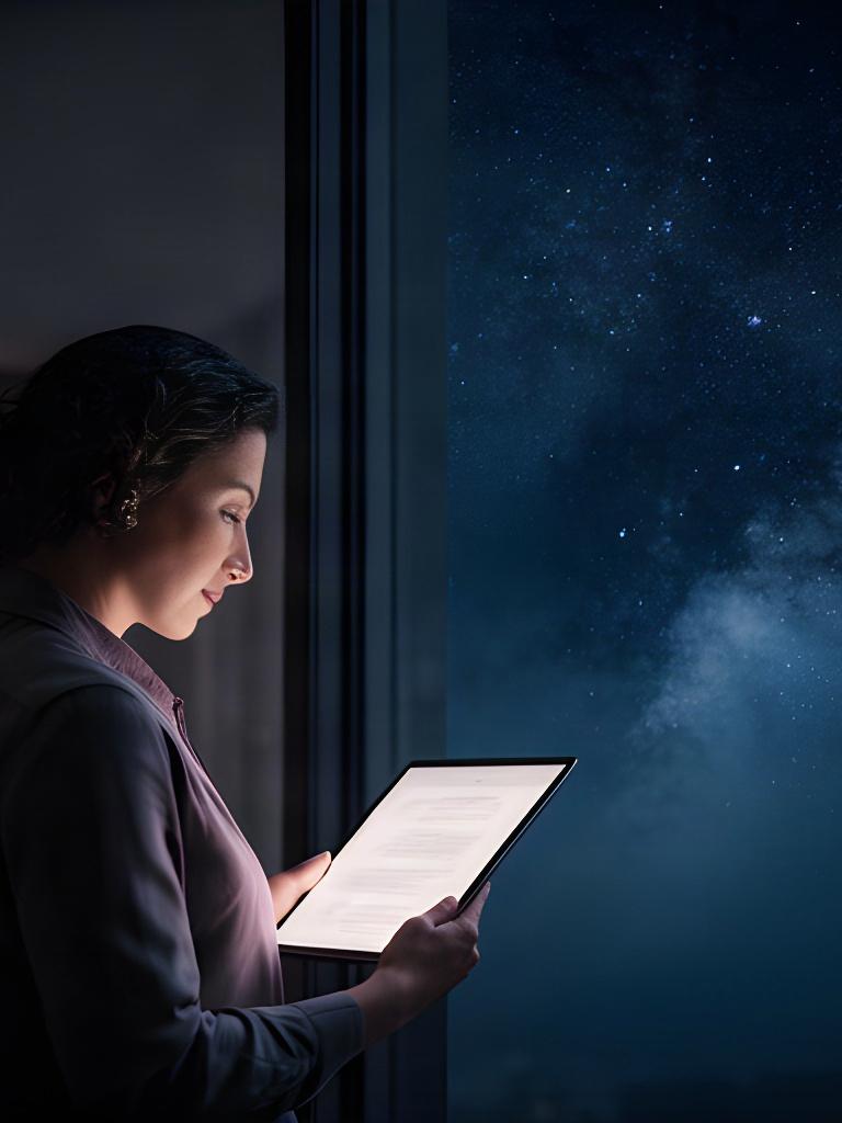 Persona che legge una dichiarazione sui diritti digitali davanti a una finestra con cielo notturno