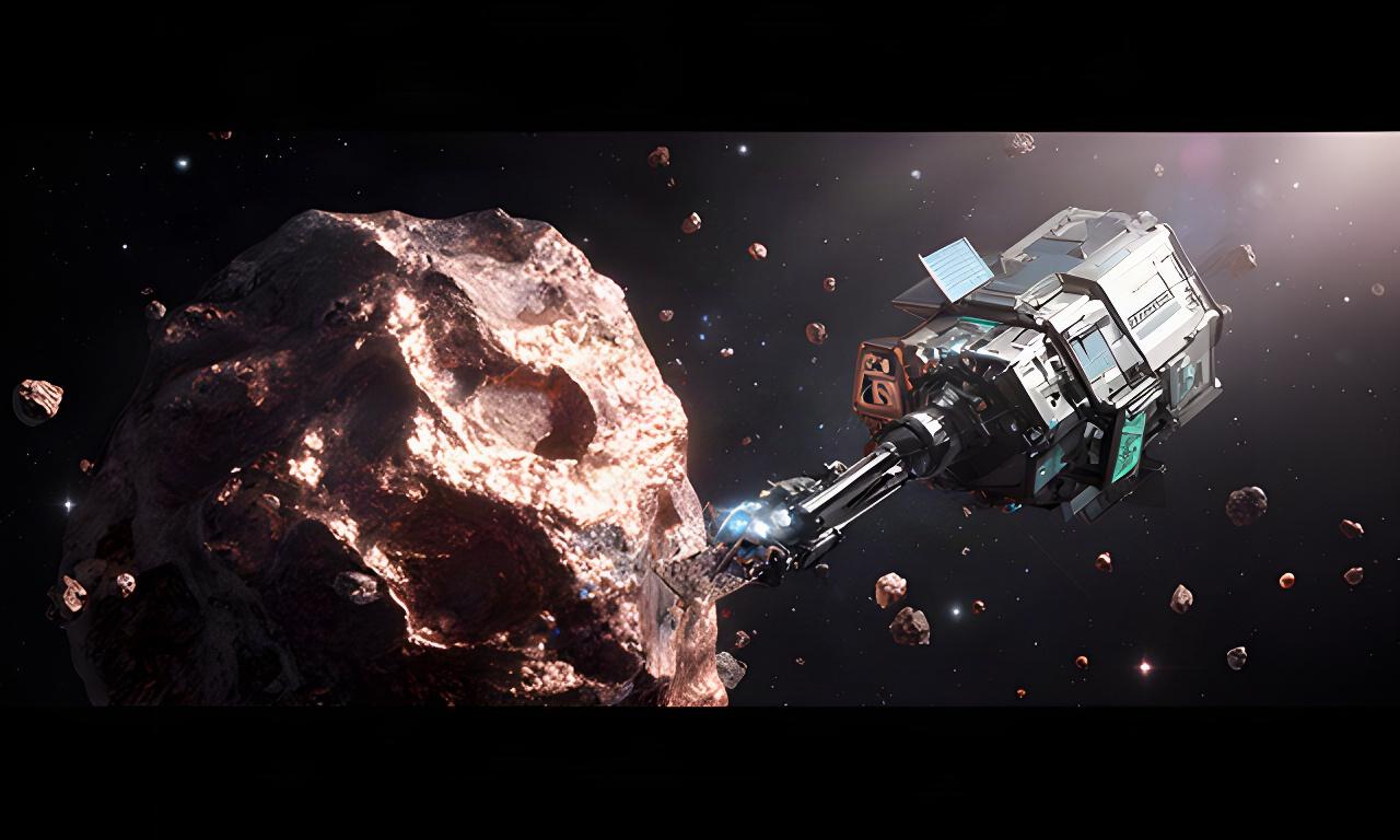 Veicolo robotico che analizza un asteroide metallico nello spazio profondo