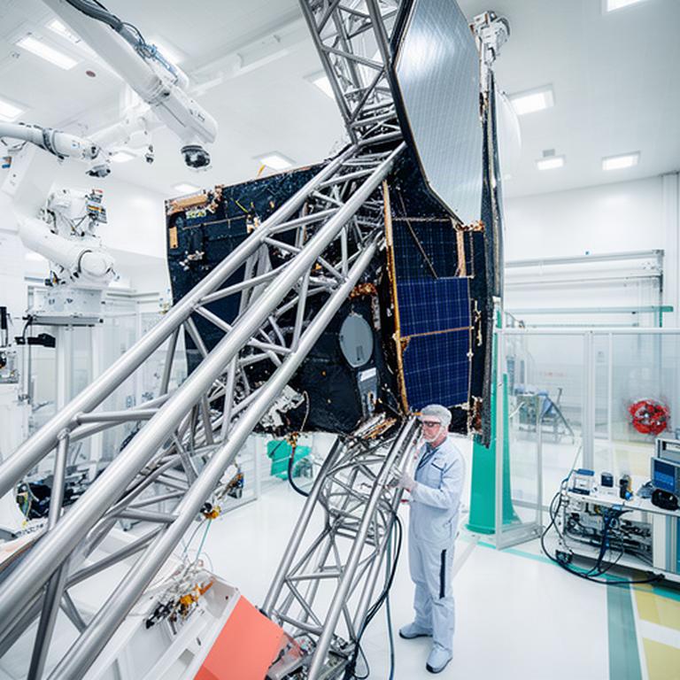 Laboratorio aerospaziale europeo con tecnico accanto a una struttura satellitare
