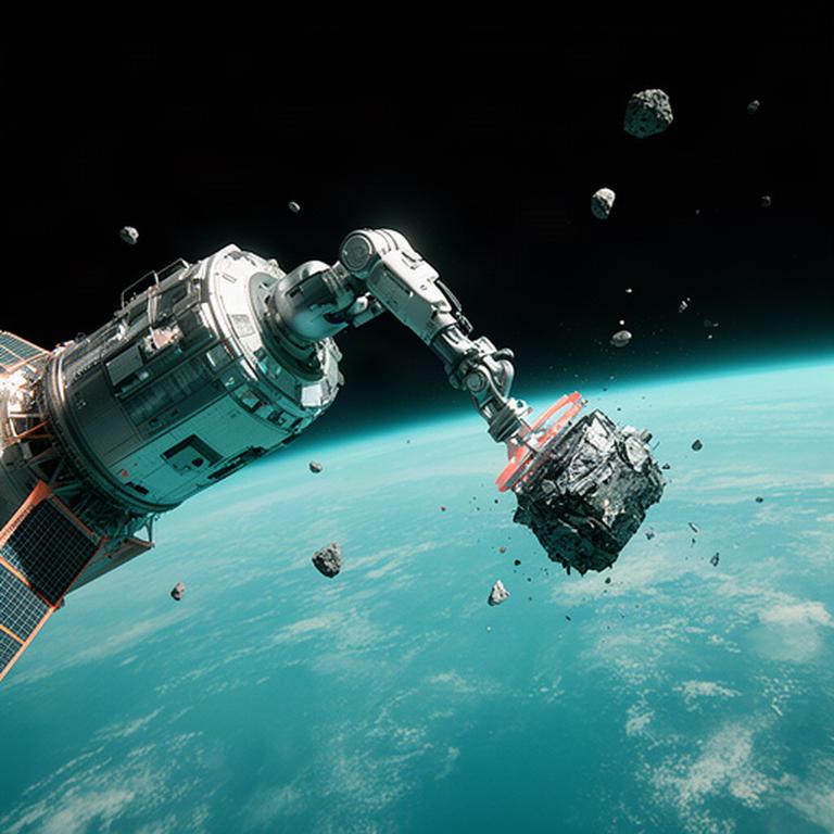 Braccio robotico che cattura un frammento di detrito in orbita bassa terrestre